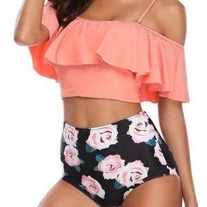 Off shoulder ruffle crop bikini tankini swimsuit